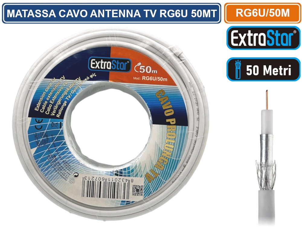 Cavo Coassiale RG6U Da 50 Metri Per Antenne Satellitari E Digitali Terrestri – Doppia Schermatura E Connettori 75Ω