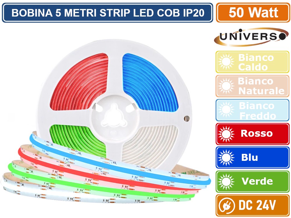 24V-240-5 - UNIVERSO STRISCIA LED FLESSIBILE DC 24V 80W SMD 2835 MONOCOLORE 240 LED/M - BOBINA DA 5 METRI TAGLIO OGNI 2.5CM