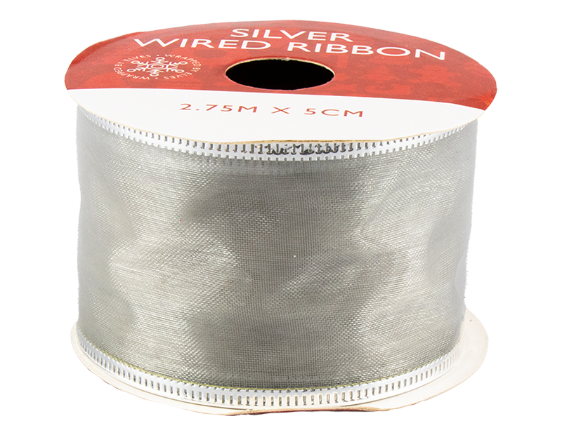Silver Christmas Wired Ribbon 5cm x 2.75m (With PDQ) Silver Christmas Wired Ribbon