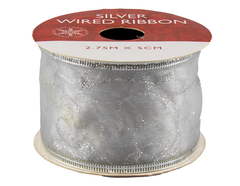 Silver Christmas Wired Ribbon 5cm x 2.75m (With PDQ) Silver Christmas Wired Ribbon