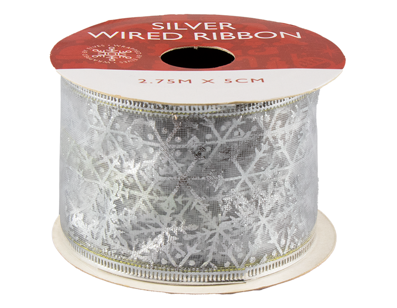 Silver Christmas Wired Ribbon 5cm x 2.75m (With PDQ) Silver Christmas Wired Ribbon