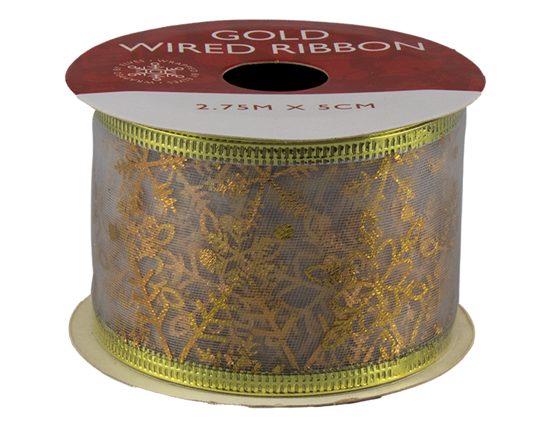 Gold Christmas Wired Ribbon 5cm x 2.75m (With PDQ) Gold Christmas Wired Ribbon