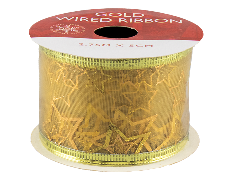 Gold Christmas Wired Ribbon 5cm x 2.75m (With PDQ) Gold Christmas Wired Ribbon