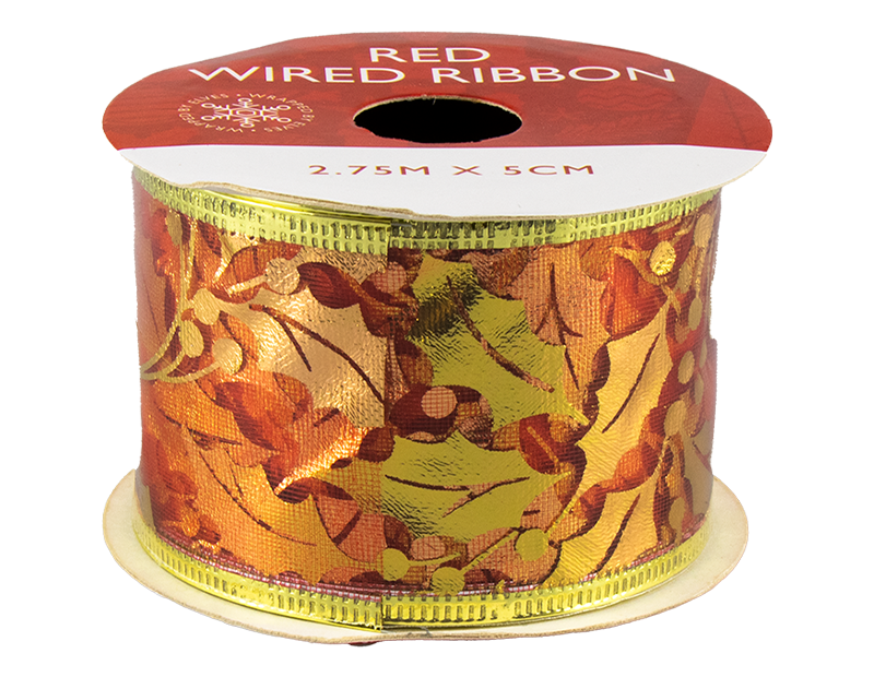 Red Christmas Wired Ribbon 5cm x 2.75m (With PDQ) Red Christmas Wired Ribbon