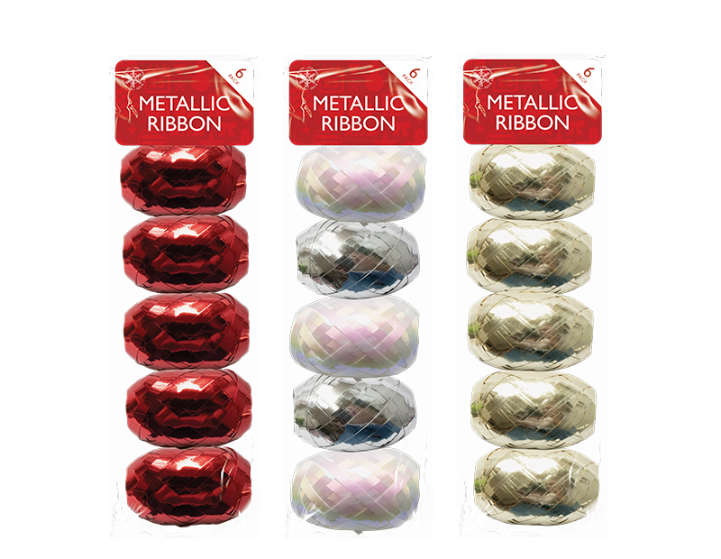 Christmas Metallic Ribbons 10m x 5mm - 6 Pack Christmas Metallic Ribbons