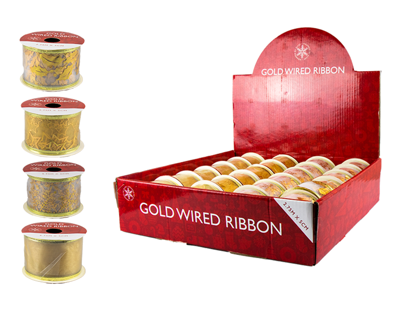 Gold Christmas Wired Ribbon 5cm x 2.75m (With PDQ) Gold Christmas Wired Ribbon