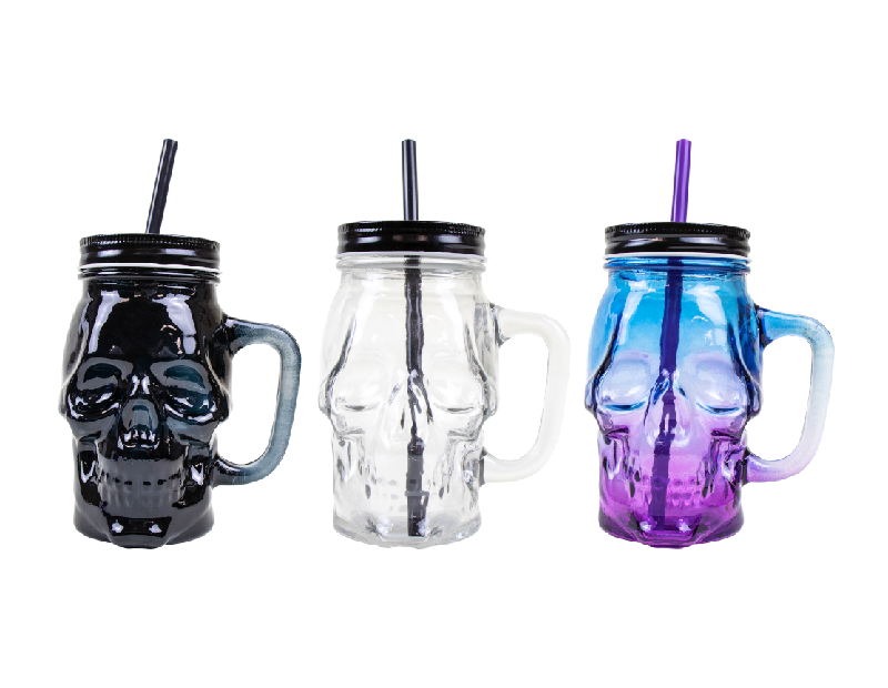 Halloween Skull Jar With Lid & Straw Halloween Skull Jar With Lid & Straw