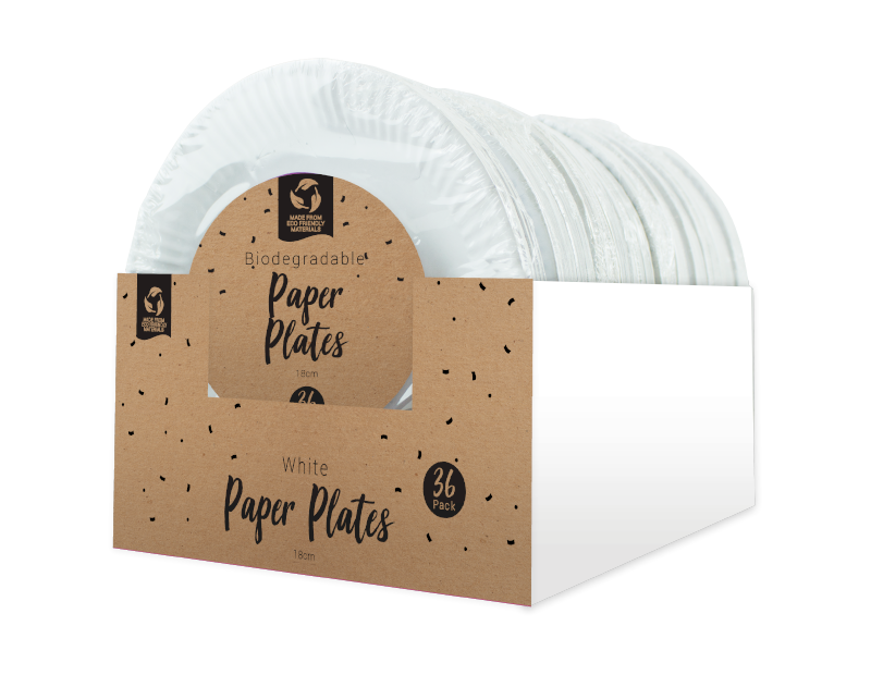 Disposable White Paper Plates 18cm - 36 Pack (With PDQ)