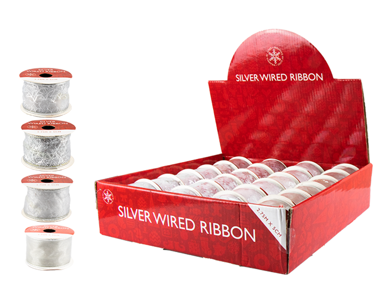 Silver Christmas Wired Ribbon 5cm x 2.75m (With PDQ) Silver Christmas Wired Ribbon