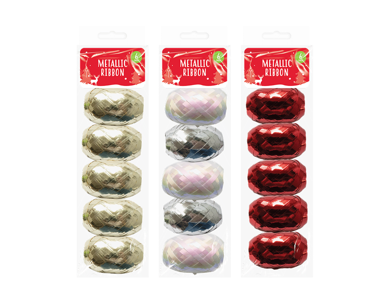 Christmas Metallic Ribbons 10m x 5mm - 6 Pack Christmas Metallic Ribbons