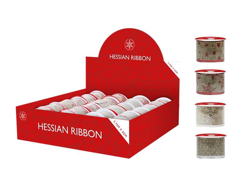 Christmas Glitter Hessian Ribbon 5cm x 2.75m (With PDQ) Christmas Glitter Hessian Ribbon 5cm x 2.75m