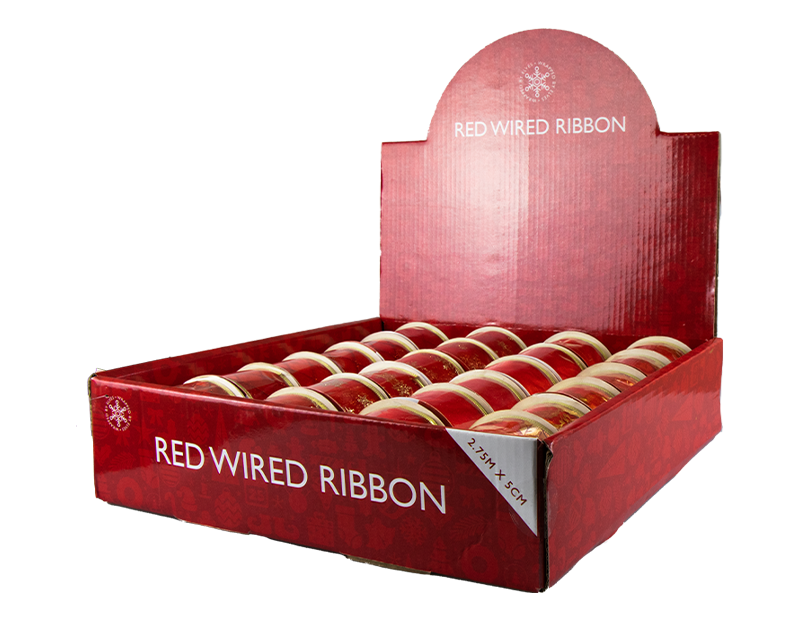 Red Christmas Wired Ribbon 5cm x 2.75m (With PDQ) Red Christmas Wired Ribbon