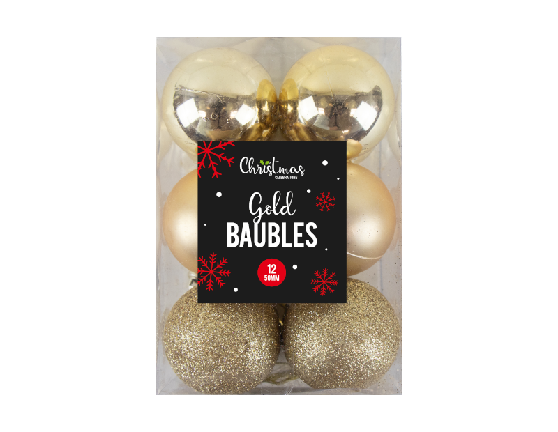 Gold Christmas Baubles 50mm - 12 Pack