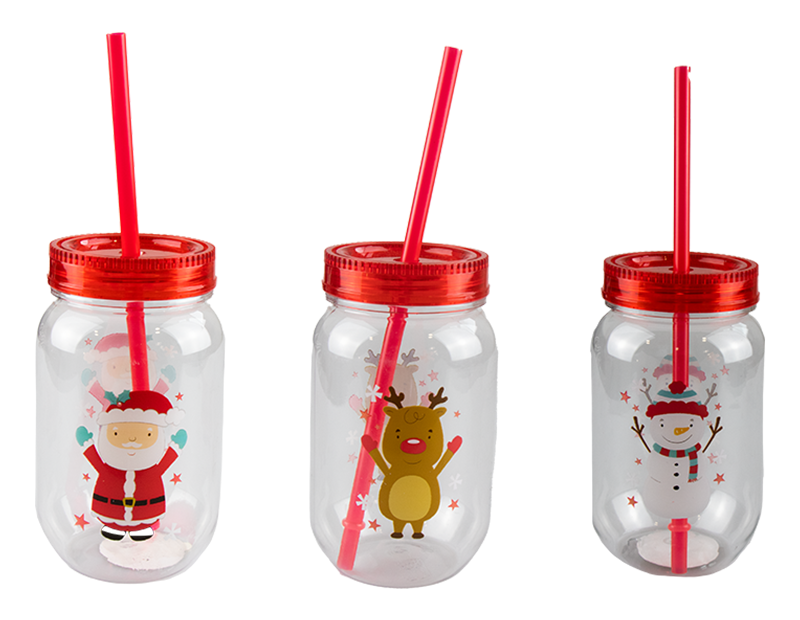 Christmas Mason Drinking Jar & Straw 500ml Christmas Mason Drinking Jar & Straw 500ml