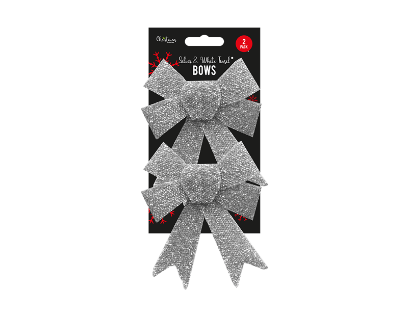 Silver & White Glitter Tinsel Bows - 2 Pack