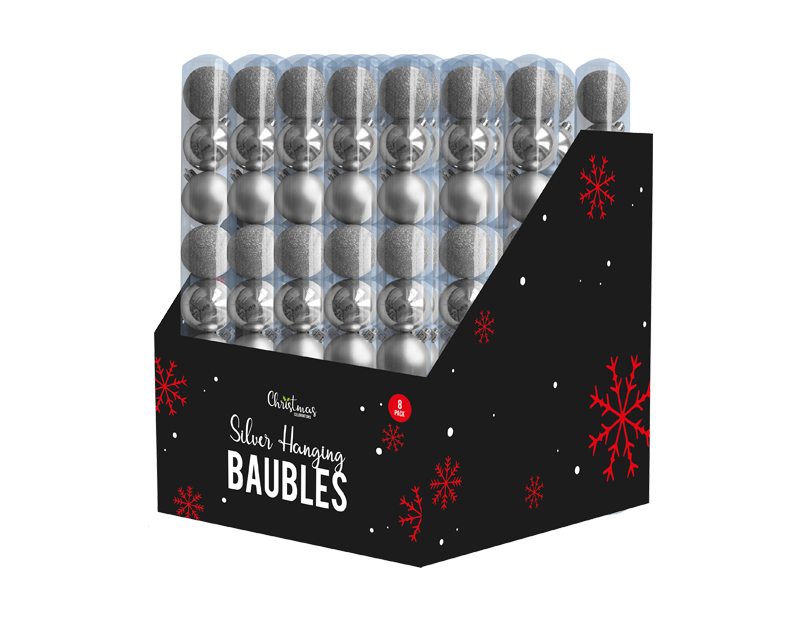 Silver Baubles 5cm - 8 Pack (With PDQ) Silver Baubles 5cm - 8 Pack (With PDQ)