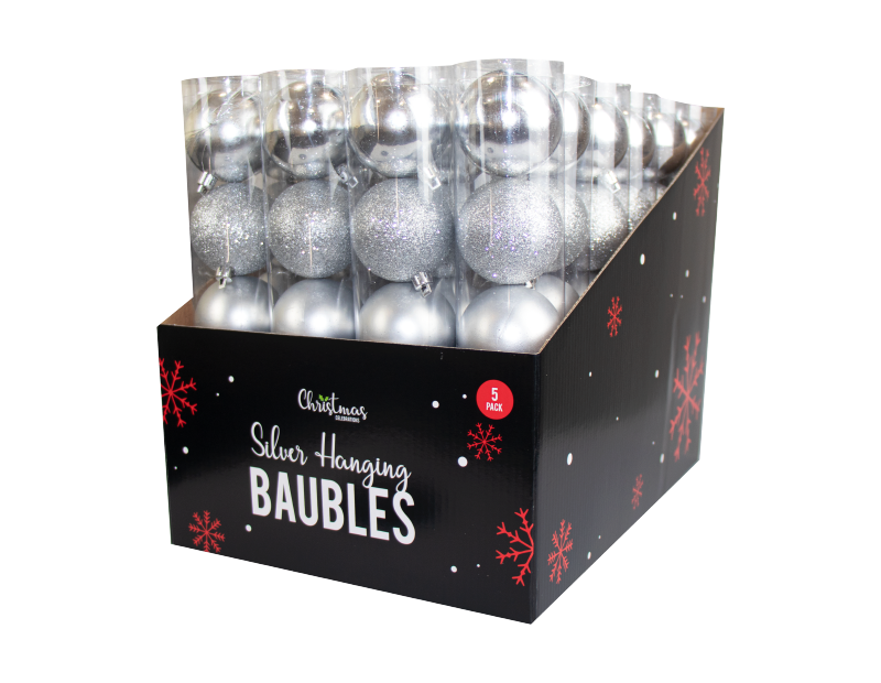 Silver Baubles 6cm - 5 Pack (With PDQ) Silver Baubles 6cm - 5 Pack (With PDQ)