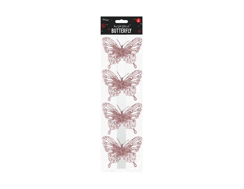 Christmas Rose Gold Glittered Butterfly Decorations - 4 Pack