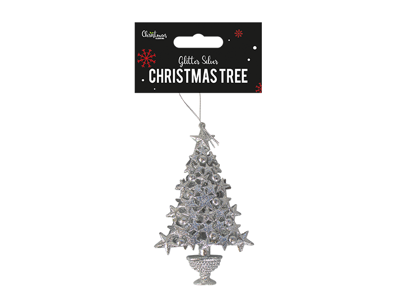 Glittered Silver Xmas Tree Decoration 16cm x 10cm x 3cm
