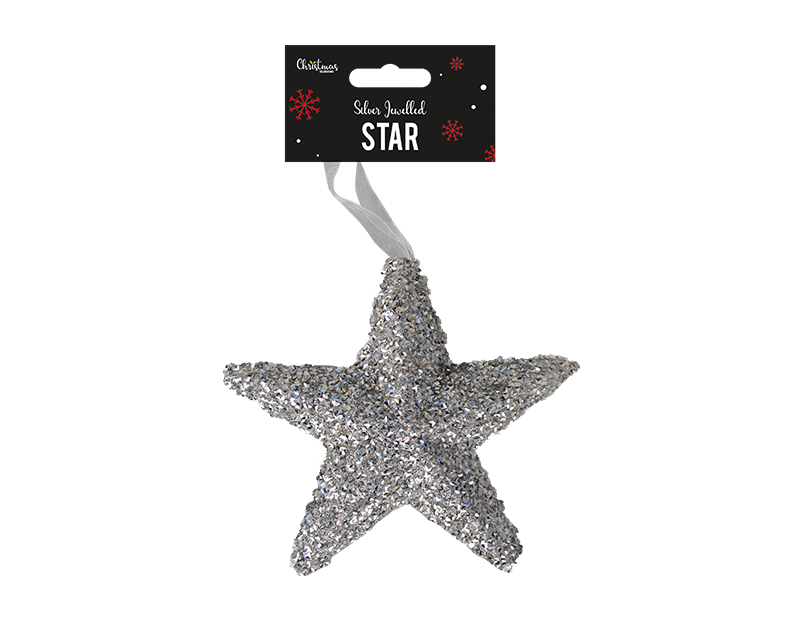Silver Extra Large Jewelled Star Decoration 18cm x 19cm x 5cm