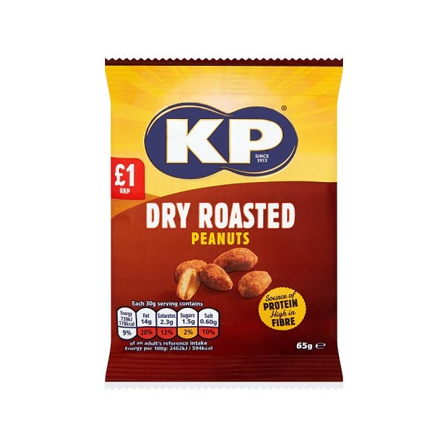 KP DRY ROASTED PEANUTS 65g £1 (16 PACK) 16 JULY DATED