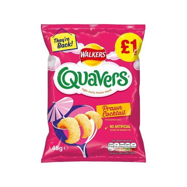 WALKERS QUAVERS PRAWN COCKATAIL £1 45g 26 JUNE DATED