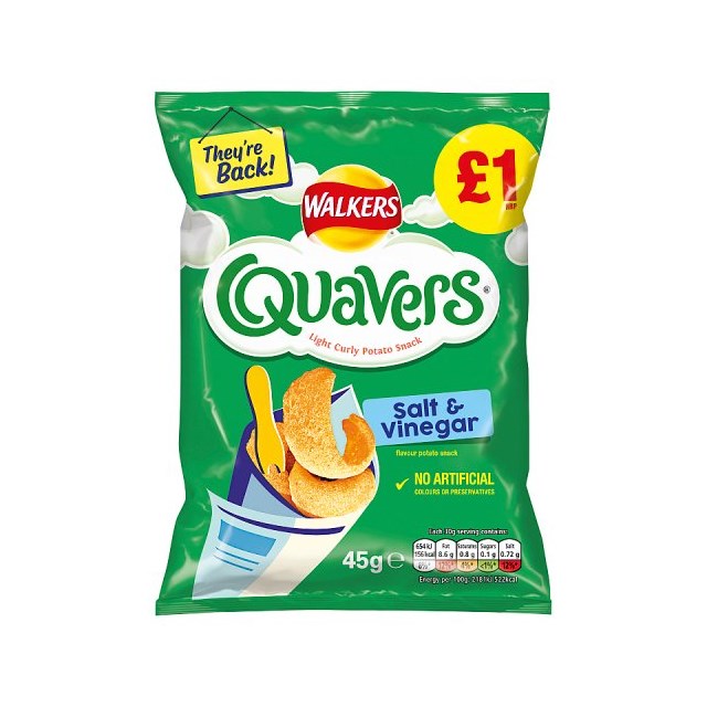 WALKERS QUAVERS SALT & VINEGAR £1 45g 22 MAY DATED