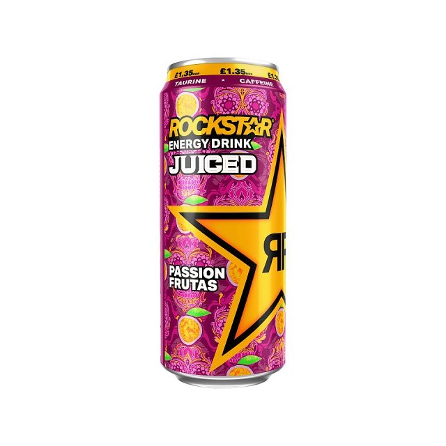 ROCKSTAR ENERGY DRINK JUICED PASSION FRUTAS £1.35 500ml 12 CANS