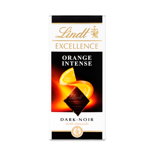 LINDT EXCELLENCE ORANGE INTENSE DARK CHOCOLATE BAR WITH ALMONDS 100g