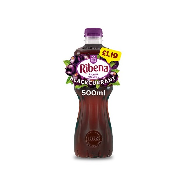 RIBENA BLACKCURRANT 500ml £1.09 2 FOR £2 (12 PACK)