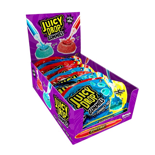 BAZOOKA JUICY DROP GUMMIES MIXED BOX STRAWBERRY & RASPBERRY 57g (12 PACK)