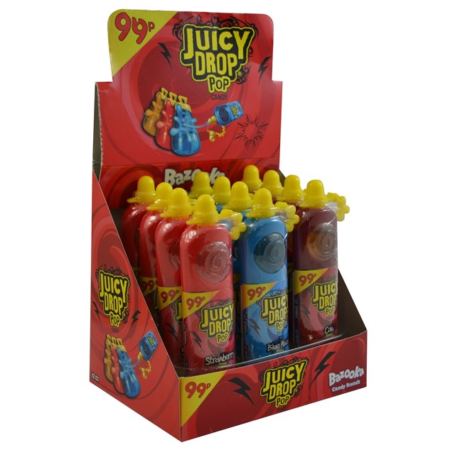 BAZOOKA JUICY DROP POP STRAWBERRY RASPBERRY COLA MIXED BOX 26g 99P (12 PACK)