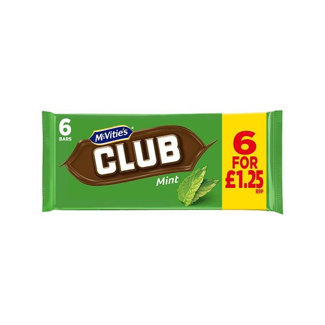 McVities Club Milk Chocolate Mint 132g 12 x 6 Pack £1.25