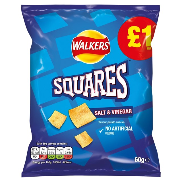WALKERS £1 SQUARES SALT & VINEGAR 60g (15 PACK)