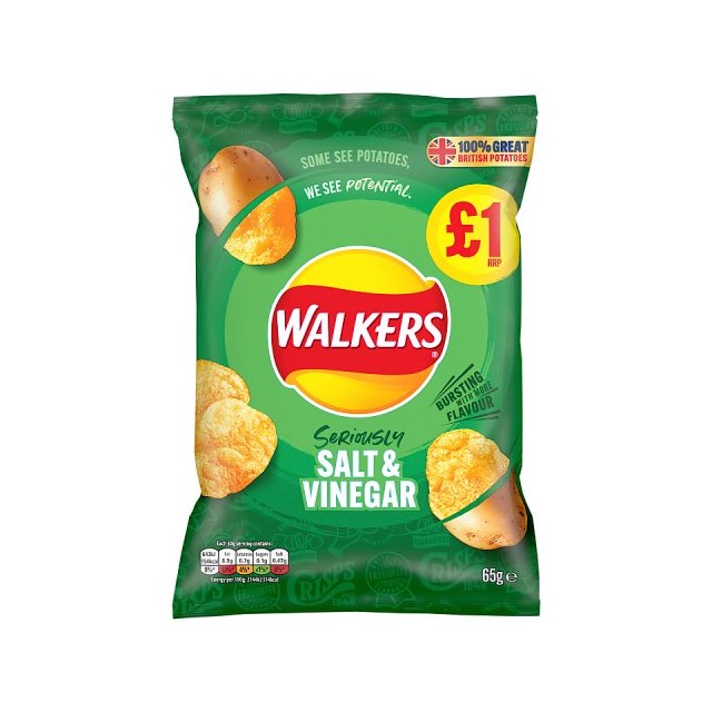 WALKERS £1 SALT & VINEGAR CRISPS 65g (15 PACK)