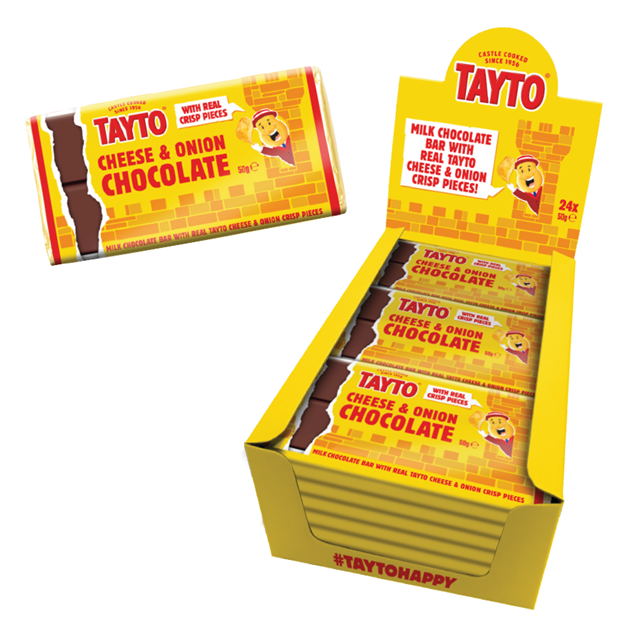 TAYTO MILK CHOCOLATE BAR WITH CHEESE & ONION CRISP PIECES 50g (24 Pack)