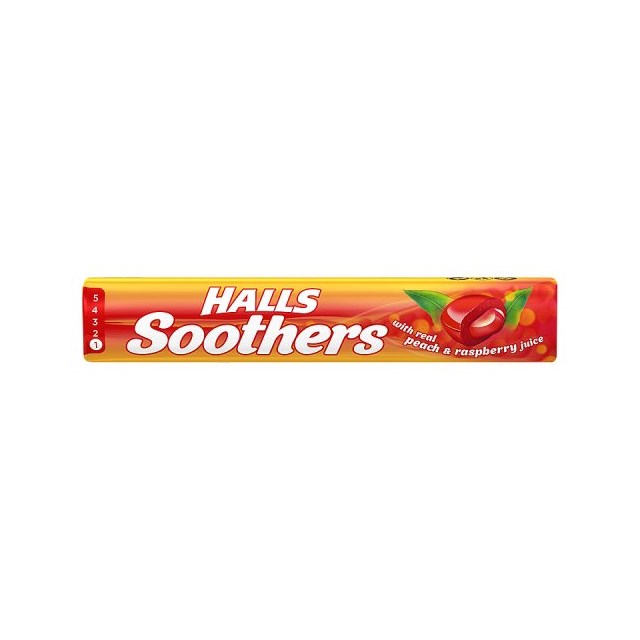 HALLS SOOTHERS PEACH & RASPBERRY THROAT LOZENGES 45g (20 PACK)