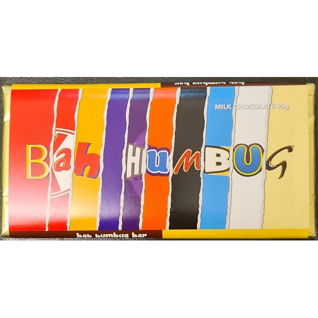 CHRISTMAS MILK CHOCOLATE SINGLE BAR BAH HUMBUG 90g HALF PRICE 2023 DATED