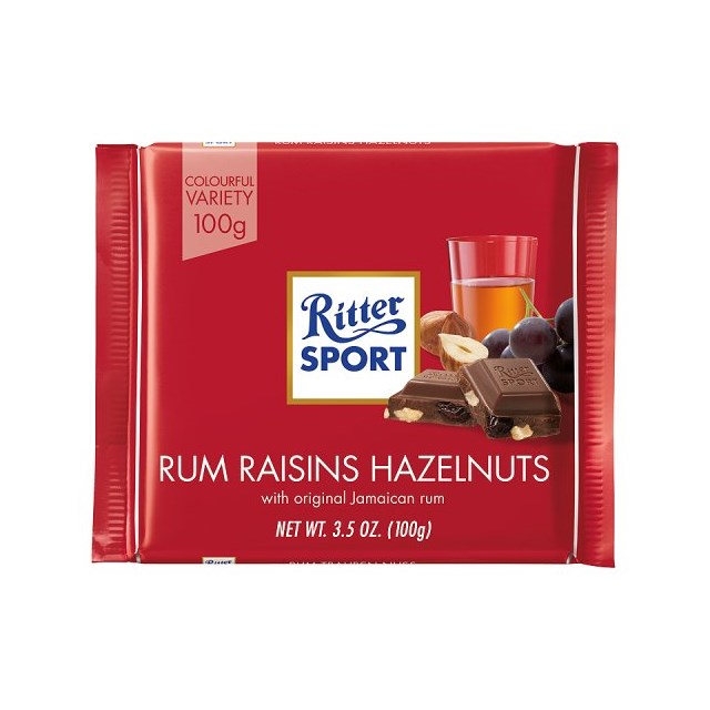 RITTER SPORT MILK CHOCOLATE WITH RUM, RAISIN & HAZELNUT 100g (12 Pack)