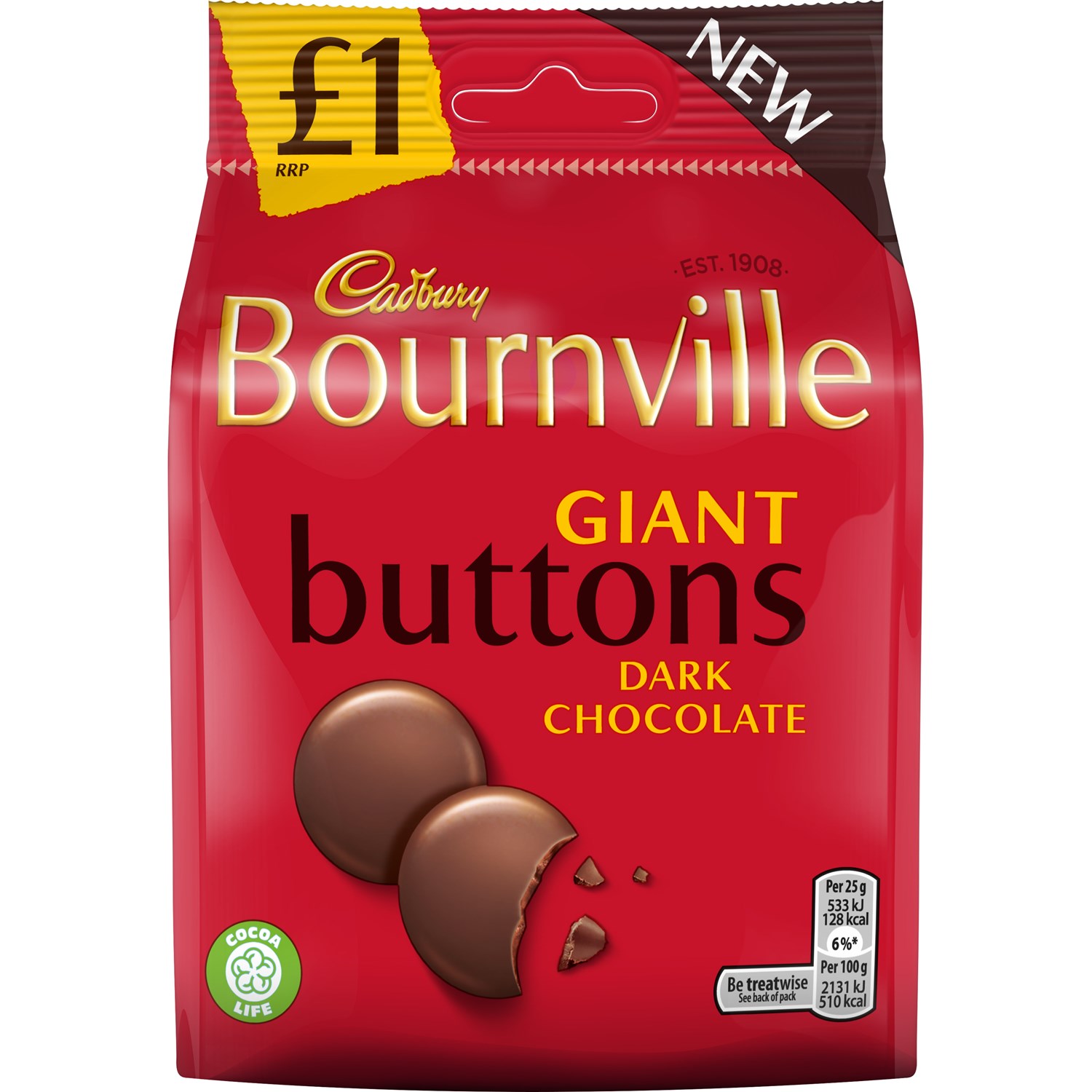 BOURNVILLE DARK CHOCOLATE GIANT BUTTONS £1 95g (10 PACK)