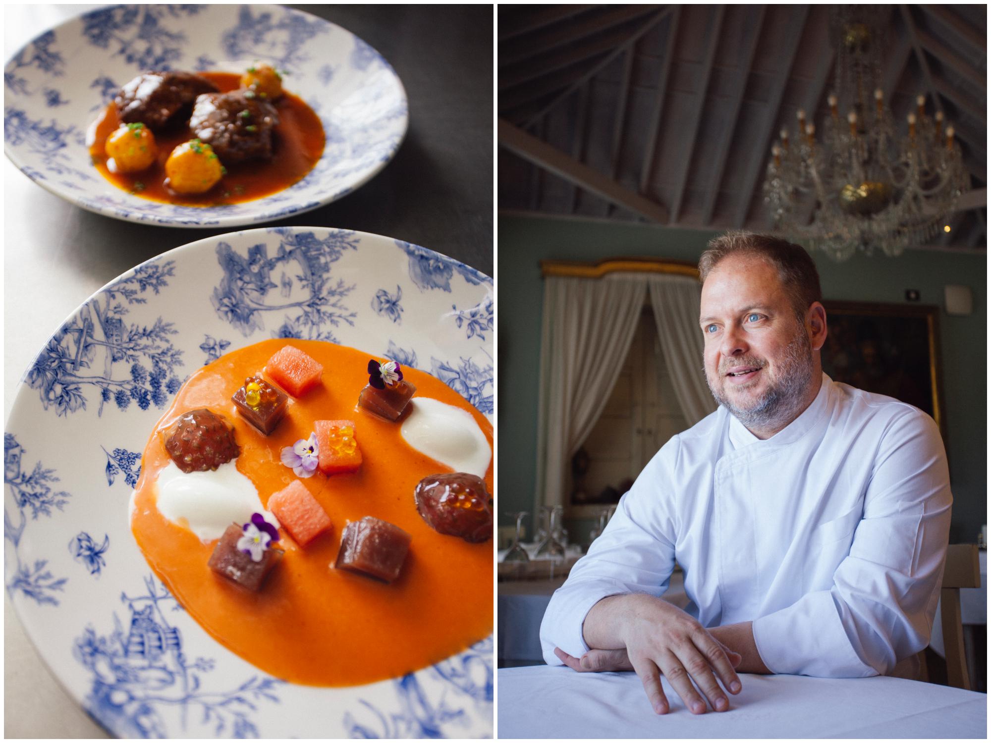 Gazpacho de fresones con sandía y patudo, y carrilleras de cerdo ibérico duroc. A la derecha, el chef José Alberto Díaz. Gazpacho de fresones con sandía y patudo, y carrilleras de cerdo ibérico duroc. A la derecha, el chef José Alberto Díaz.