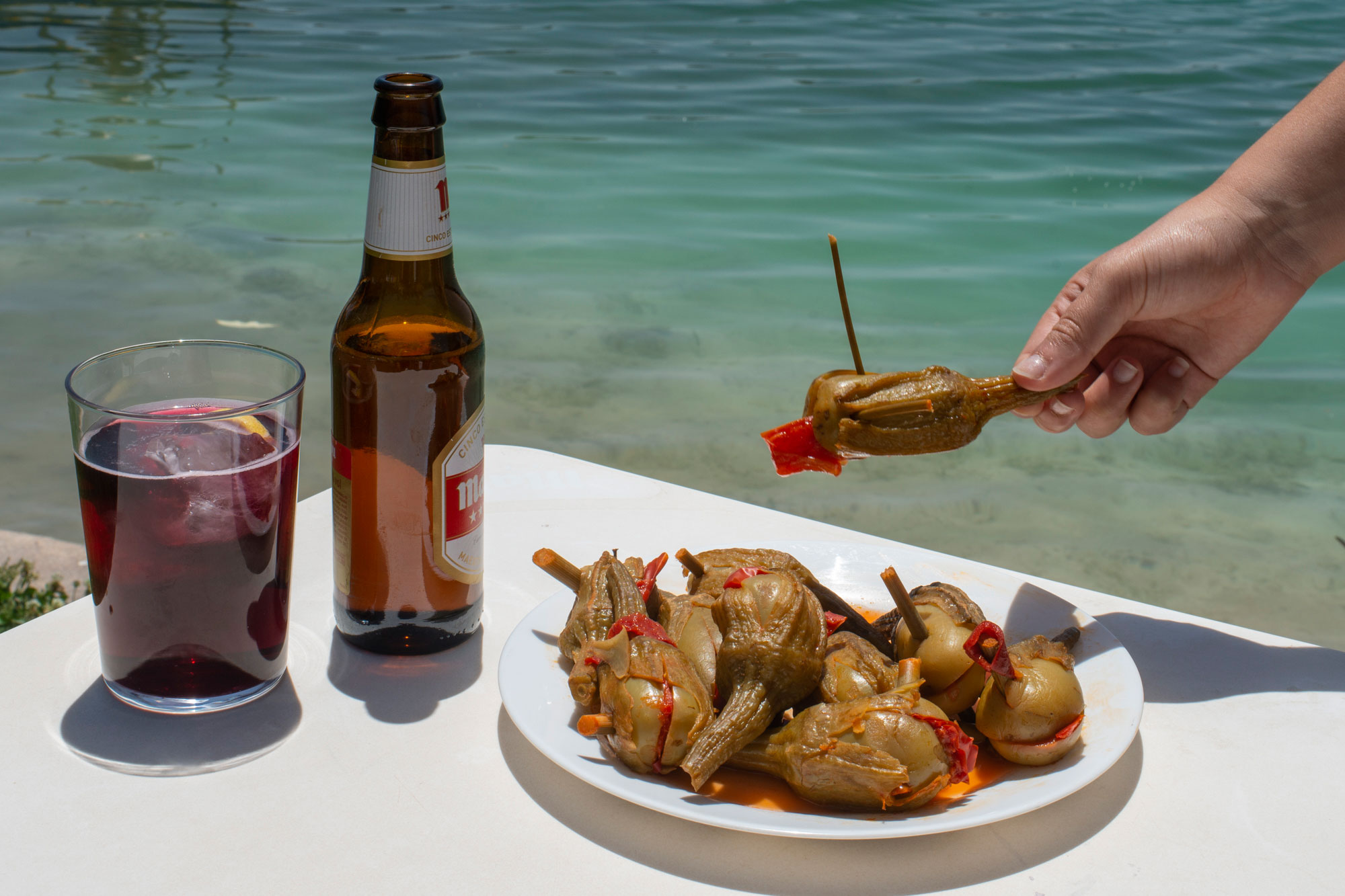 Aperitivo de berenjenas de Almagro y cerveza en lagunas de Ruidera. Aperitivo de berenjenas de Almagro y cerveza en lagunas de Ruidera.