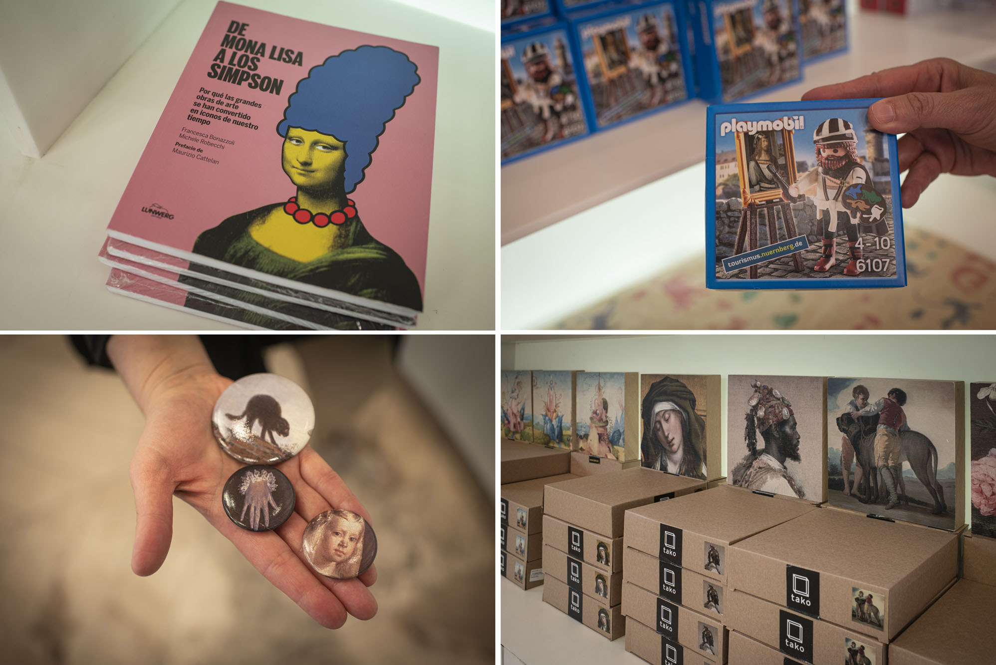 Chapas, libros, tacos de madera y hasta un Playmobil de Durero pintando su autorretrato se venden en esta tienda. Chapas, libros, tacos de madera y hasta un Playmobil de Durero pintando su autorretrato se venden en esta tienda.