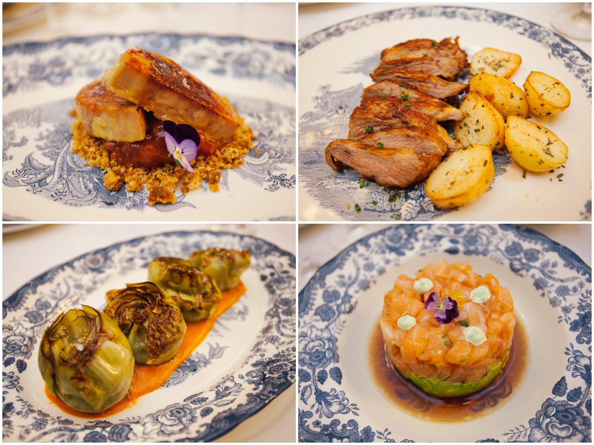 Algunos de los platos de la carta: Terrina de 'foie gras' con compota de guayaba, secreto ibérico en adobo, alcachofas con salsa 'romescu' y tartar de salmón con guacamole. Algunos de los platos de la carta: Terrina de 'foie gras' con compota de guayaba, secreto ibérico en adobo, alcachofas con salsa 'romescu' y tartar de salmón con guacamole.
