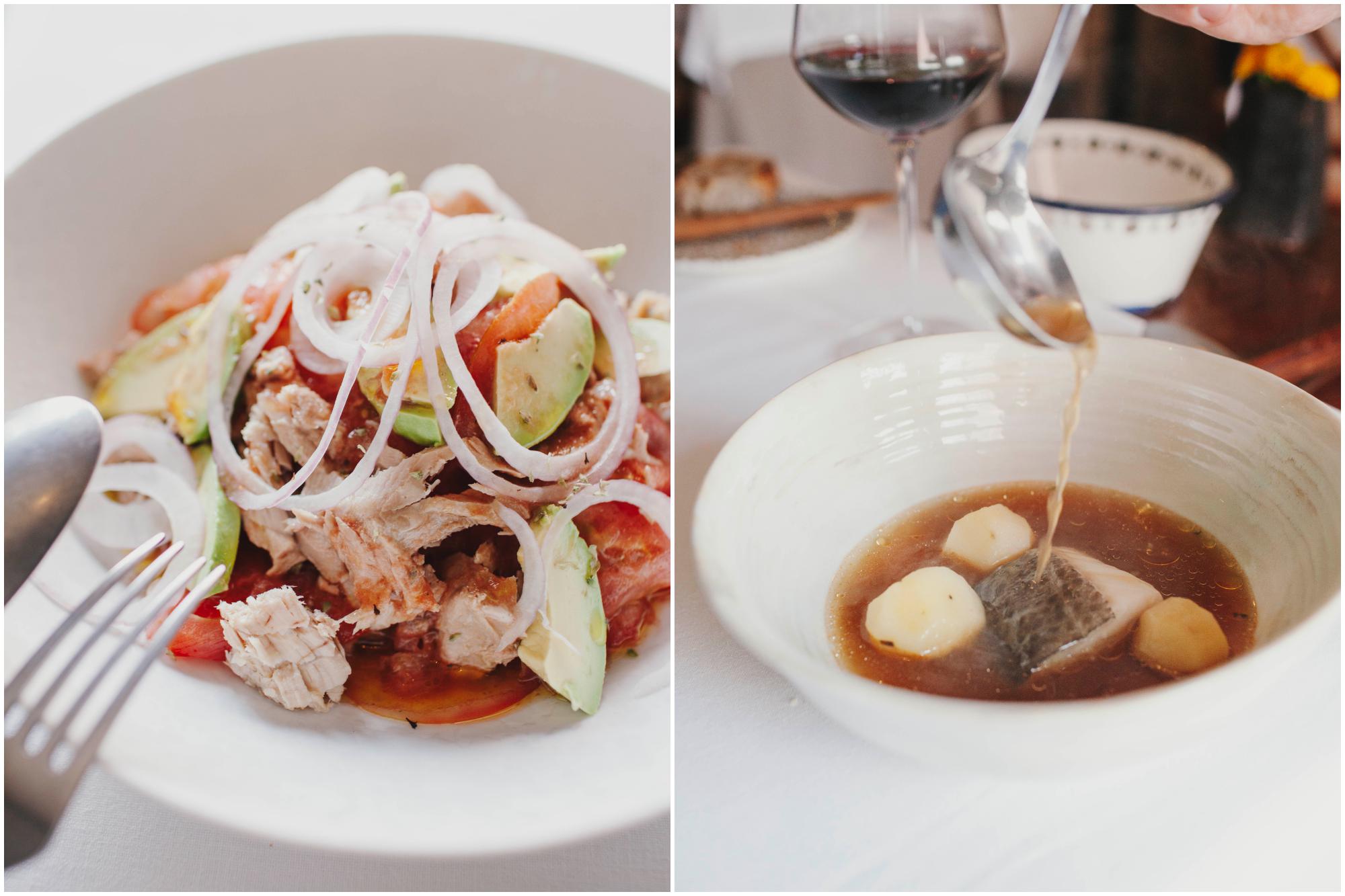 Tomate aliñado con conserva de atún casera y lomo de bacalao confitado con consomé de camarón soldado. Tomate aliñado con conserva de atún casera y lomo de bacalao confitado con consomé de camarón soldado.