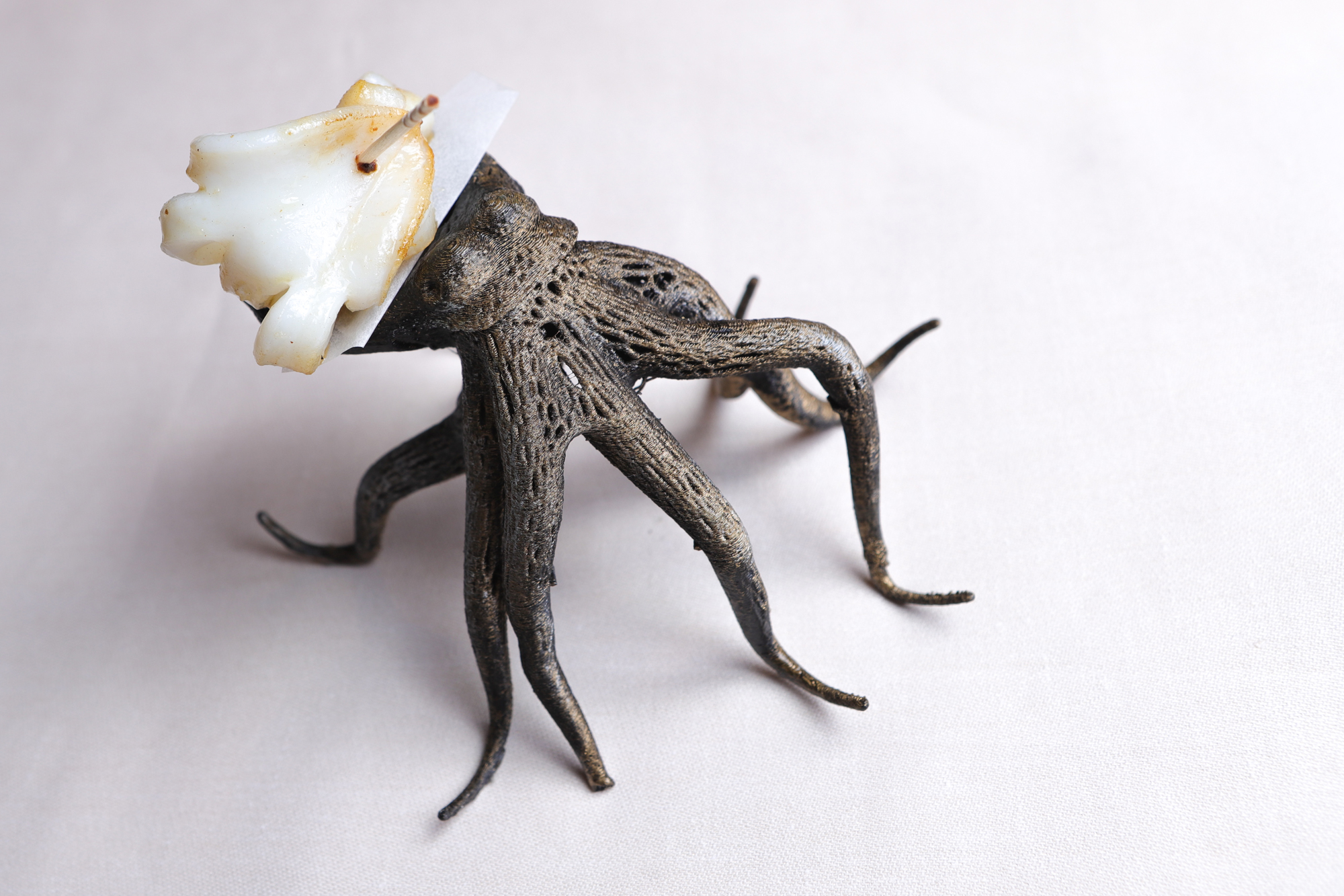 Un calamar convertido en pulpo sobre una escultura hecha con una impresora en 3D. Un calamar convertido en pulpo sobre una escultura hecha con una impresora en 3D.