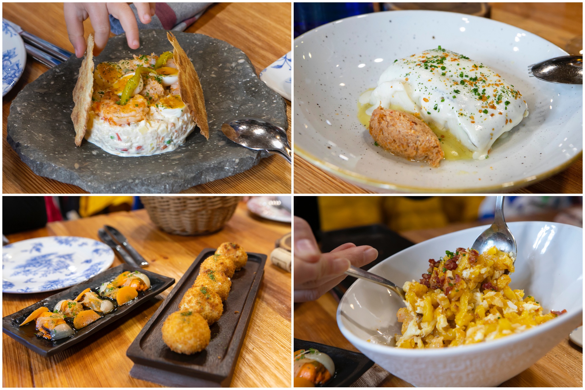 Ensaladilla de centollo, bacalao con centollo al pilpil, mejillones en escabeche de sidra, croquetas de jamón ibérico de bellota y huevos rotos. Ensaladilla de centollo, bacalao con centollo al pilpil, mejillones en escabeche de sidra, croquetas de jamón ibérico de bellota y huevos rotos.