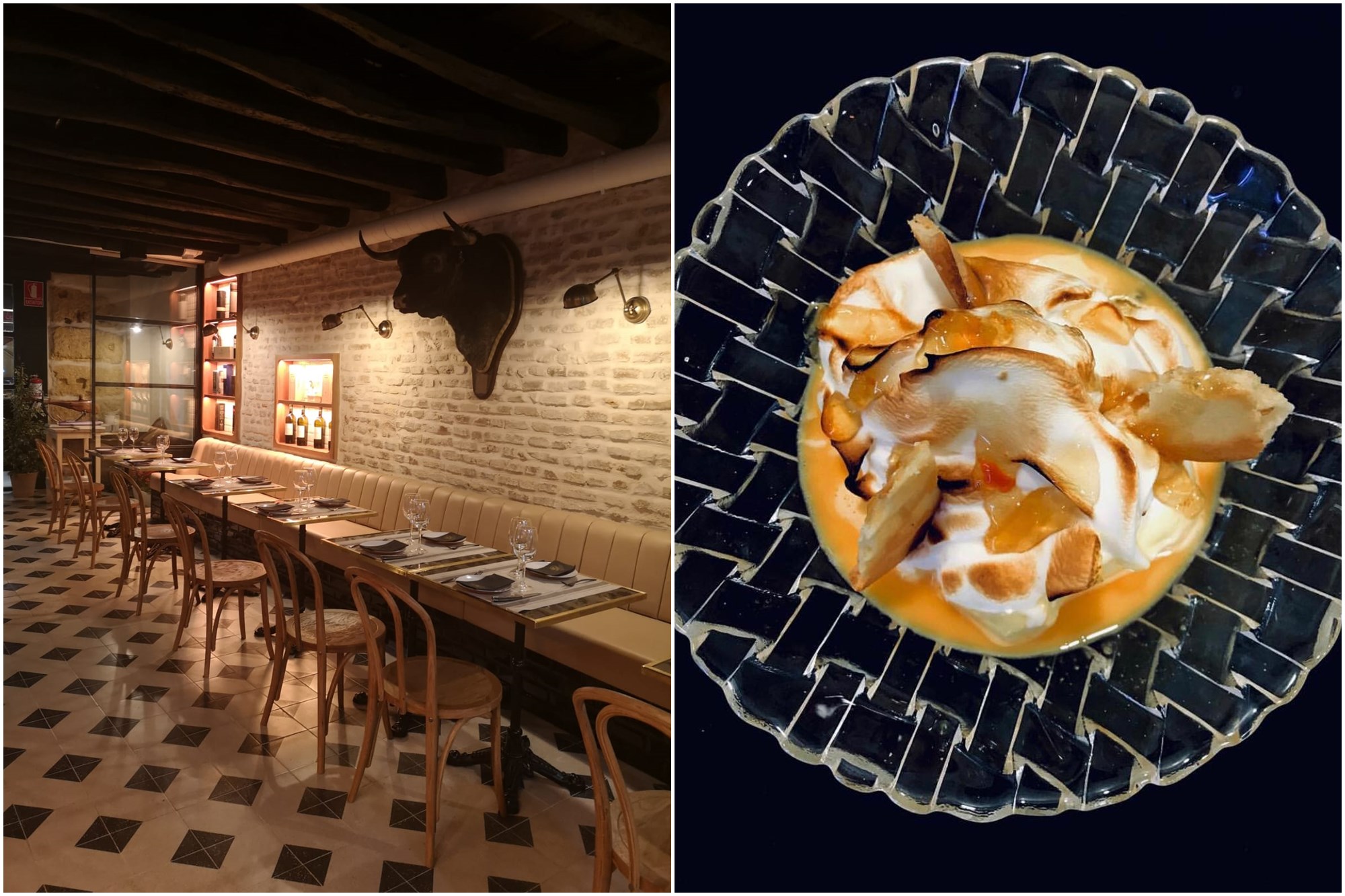 Postre de crema de naranja y merengue. A la izquierda, detalle del salón. Foto: 'Restaurante Señorío'. Postre de crema de naranja y merengue. A la izquierda, detalle del salón. Foto: 'Restaurante Señorío'.
