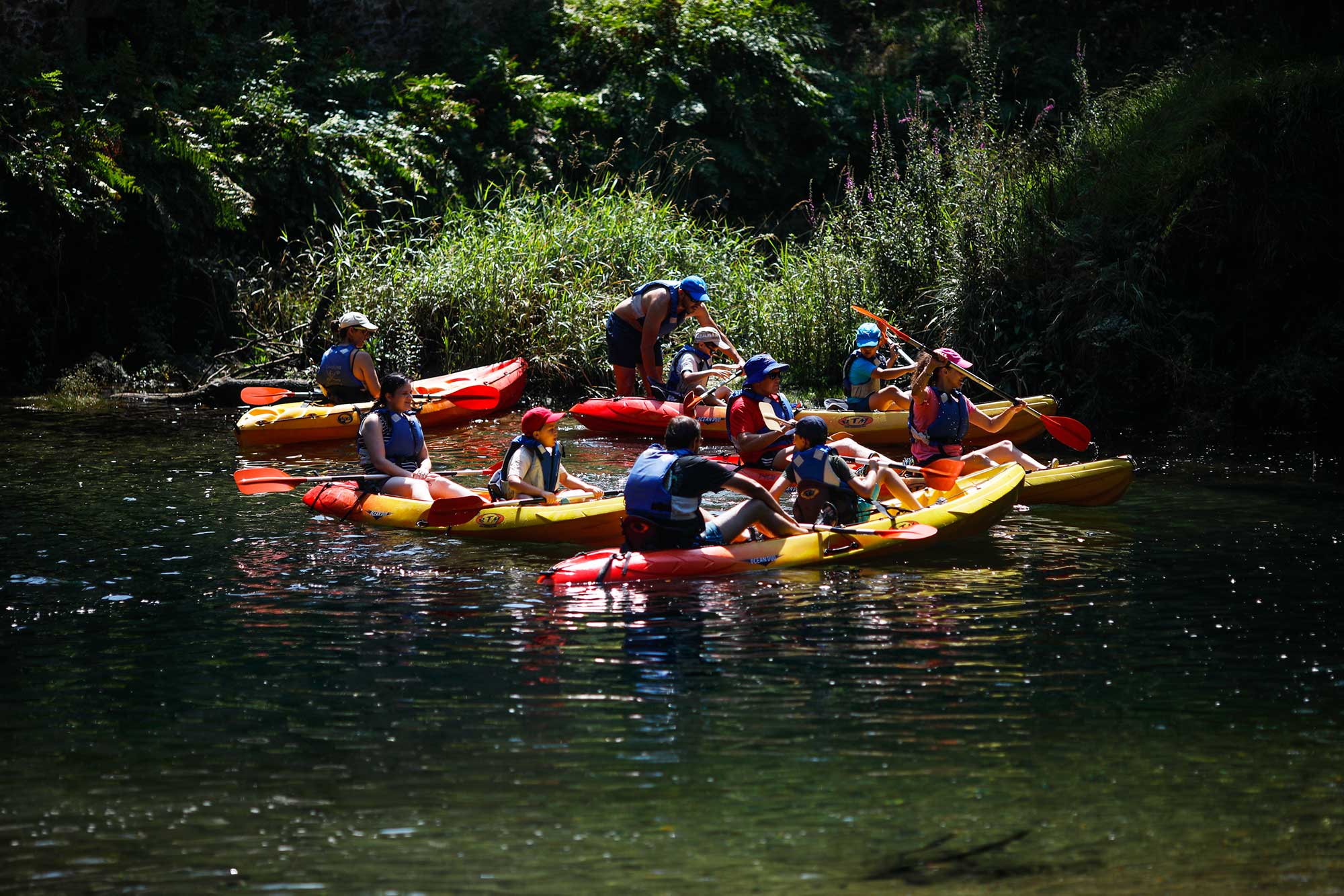 Grupo con kayaks en un punto del río Miño. Grupo con kayaks en un punto del río Miño.