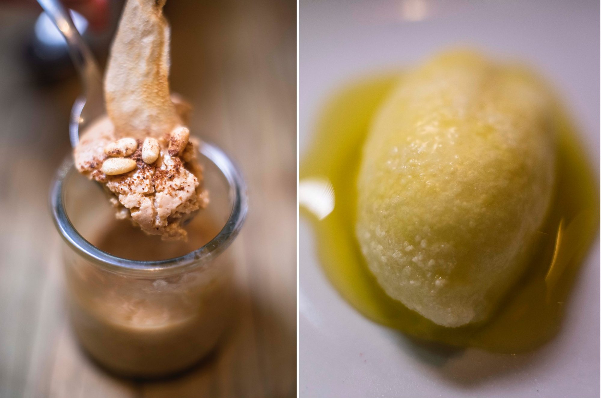 Pátina de pera y sorbete de limón con aceite de oliva. Pátina de pera y sorbete de limón con aceite de oliva.